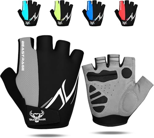 BEAST RAGE Half Finger Cycling Gloves for Men & Women–Padded Anti-Slip Bicycle Gloves,Breathable Mesh Bike Riding Gloves,Shock Absorption,Comfortable Grip & Lightweight Fitness Gloves