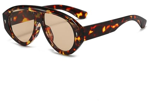 GNOLONG Retro Lunettes de Soleil Ovales Surdimensionnées des années 70 Lunettes de Soleil à Monture Épaisse Pilot UV400 Lunettes à jambes larges pour Femmes Hommes (Leopard Brown)