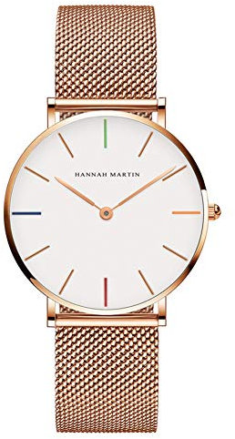 HANNAH MARTIN Damen Uhren Analog Quarz Edelstahl Wasserdicht Mesh Ultradünne (Weiß Oberfläche ,Rosegold Armband 2)
