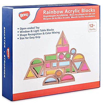 BOHS Regenbogen-Lichtblöcke (24 Stück) - Holzspielzeug für Kleinkinder - Spielen Sie auf Leuchttisch/Sonniges Fenster