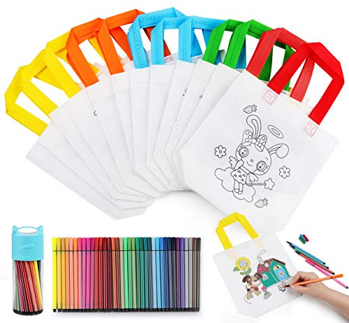 Anstore Juego de bolsas de tela para niños, 12 unidades, no tejidas, para pintar y 36 lápices de colores para cumpleaños infantiles, manualidades, bolsas de graffiti