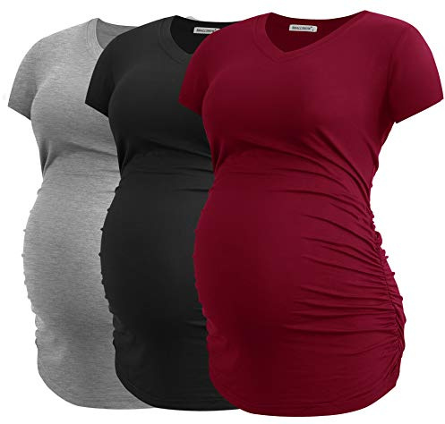 Smallshow Women's V Neck Maternity Clothes Tops Side Ruched Pregnancy T Shirt 3-Pack