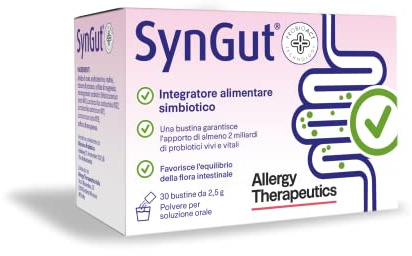 SynGut® Integratore Simbiotico Probiotici e Prebiotici 30 Bustine da 2,5g con Inulina e 4 Ceppi di Fermenti Lattici Vivi tra cui Lactobacillus Acidophilus e Bifidobacterium per la Flora Intestinale