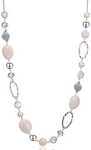 BULINLIN Beaded Long Silver Necklaces for Women, Handmade Statement Sweater Chain Necklace with Crystal Beads for Fashion Jewelry gifts(White)