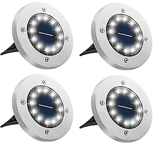 Bowfar 4 Stück Solar Bodenleuchten Aussen, Solarleuchten Garten mit 12 LEDs für Außen, 3000K Kaltweiß Wasserdicht Led Solar Gartenleuchten, Solarlampen für Rasen Auffahrt Gehweg Patio Garden