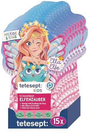 tetesept KIDS - Bagno in schiuma con profumo di ciliegia dolce e ricetta nutriente, schiuma da bagno magica e acqua rosa, 15 x 40 ml
