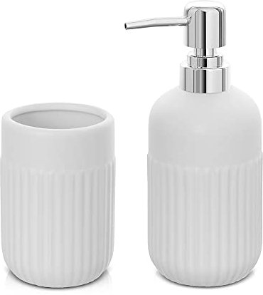 Inbagno Set Accessori Bagno da appoggio 2 Pezzi, Dispenser Sapone e Bicchiere portaspazzolini, in Ceramica Colore Bianco, Linea Cup