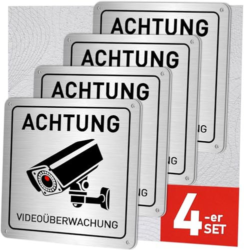 4 Stück Achtung Videoüberwachung Schild, Schild Kameraüberwachung Aluminium 15x15 cm, Kamera überwachung Schild mit Selbstklebend und 4 Bohrlöcher, Schild Videoüberwachung Privatgrundstück