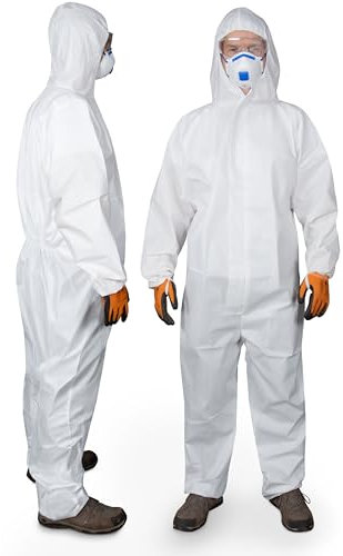 Paintbutler Pro - 5x Chemikalien-Schutzanzug mit Kapuze - Kat III Typ 5B & 6B - Industrie-Schutzkleidung, mikroporöser Einweg-Arbeits-Overall, Robust 60gsm, Partikeldicht (XL)