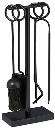 Relaxdays Set da 5 Attrezzi da Camino o Stufa, Attizzatoio, Pala, Scopino, Pinza e Supporto Porta Utensili, Ferro, Nero, Cocco