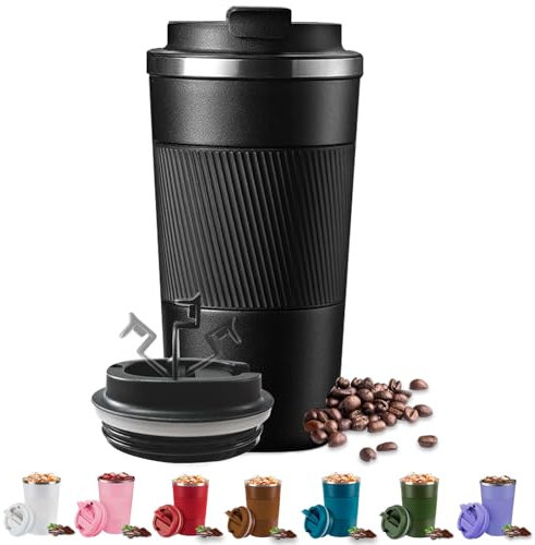 KISUOMAOYI Travel Mug - 380/510 Reusable Insulated Coffee Mug with Leakproof Lid, 304 Stainless Steel Portable Coffee Cup for Hot & Cold Coffee, Tea, Water and Drinks (Black 510ml)