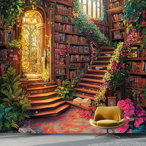 Papel Pintado 350 x 256 cm Libros Magia Plantas Biblioteca Fotomurales No Tejido Murales Decoración de Pared, Póster Pared Personalizado 3D Para Salón Dormitorio Oficina Habitación Infantil, Marrón