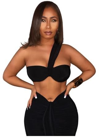 Dam One Shoulder Knut Bralette Top, Svart, Polyesterblandning, Svart, 34