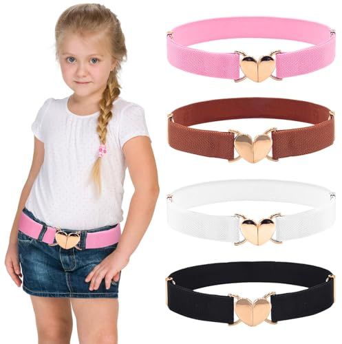 LUNINGLA 4 Pcs Kids Girls Belts, Adjustable Elastic Toddler Belt with Heart Shape Buckle, Kids Heart Belt for Boys Girls (A-Pink+Brown+White+Black)