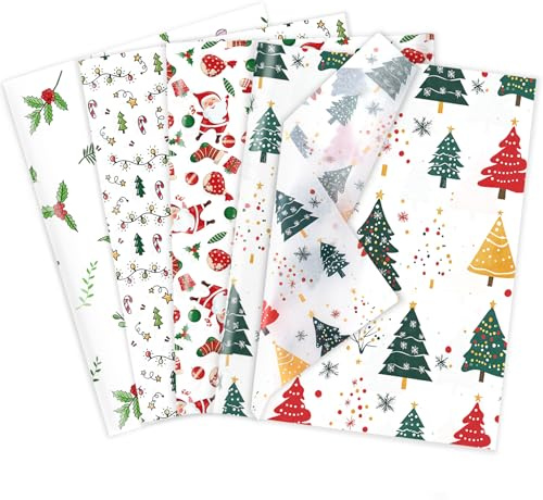 Larcenciel Christmas Tissue Paper for Wrapping Gifts, 60 Pcs Classic Green and Red Tissue Paper Sheets for Packaging Gift Bag, Xmas Tree Santa Claus Gift Wrap for Holiday, Party Decor, Craft, 50x35CM