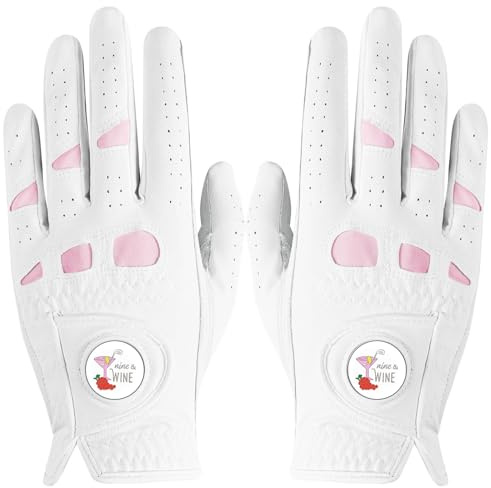 LOVMEAD Golfhandschuhe für Damen mit Ballmarker für Linke und rechte Hand, Cabretta-Leder im Paar, Damen-Golf-Handschuh, Regen-Griff, Allwetter-weich, bequem, flexibel, Größe S, M, L, XL (Weiß, S)