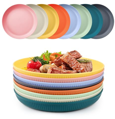 YISIZES 8 Pcs Unbreakable Plastic Plates Set, 9 Inch Reusable Deep Dinner Plates in 8 Colors for Party Picnic Camping Outdoor, Lightweight and Microwave Dishwasher Safe