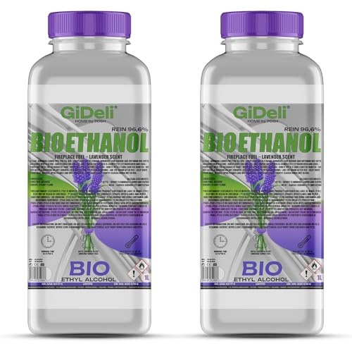 GiDeli Bioetanol 2 x 1 l de aroma de lavanda 96,6% etanol para chimeneas interiores y exteriores, sin humo ni hollín, de maíz y remolacha azucarera