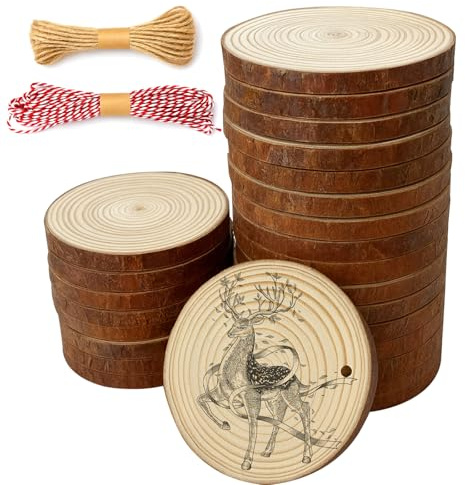 KELAV Fette di Legno Naturale 55 Pezzi, 6-7cm Dischetti Legno con Fori Spessore 5mm, Dischi Legno Grezzo con 2 Fili di Cotone, Naturale da Decorare Natale Segnaposto DIY Artigianato