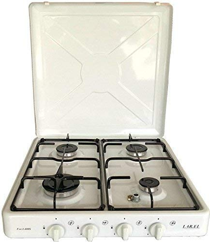 Lar.el Fornello a Gas Valvolato Portatile 4 Fuochi da Appoggio, Colore Bianco, Alimentazione GPL e Metano, Cucina per Campeggio, Camper e Outdoor