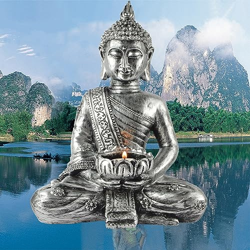 SUQ Estatua de Buda, Estatuilla de Adorno de Buda, Resina, Plata, 19 * 30,5 * 13,5 CM