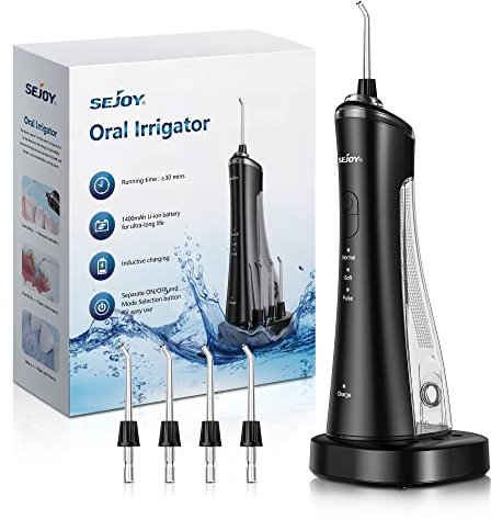 Sejoy Munddusche Kabellos Elektrisch, Munddusche Testsieger 2024, Munddusche Schwarz, Oral Irrigator mit Ladestation, Zahnzwischenraumreiniger 3 Modi und 4 Düsen, IPX7 Wasserdicht, für Zuhause Reise