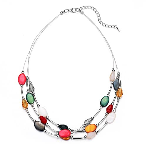 Bulinlin Collier Femme en Argent avec Perles et Cristaux - Collier Multirangs Style Bohème - Ras du Cou - Bijoux de Mode - Cadeau d'Anniversaire pour Femmes, 17 inches, Cristal Perle Verre, Perles