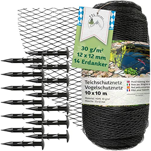 TTL Garden 10x10m Teichnetz Vogelschutznetz schwarz 30g/m² - 12x12mm engmaschig Starkes HDPE Poolnetz Obstbaumnetz Gartennetz, Vogelabwehr Netz, reißfest dehnbar robust mit 14 Bodenanker