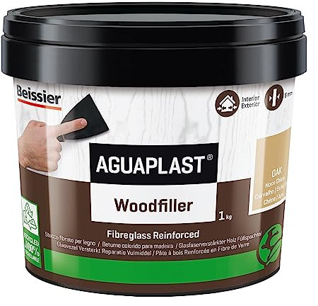 Aguaplast Woodfiller 1 kg Stucco fibrato pronto all’uso per riempire buchi e crepe su legno in mano unica senza ritiro. Colore Noce chiaro