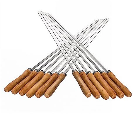IMEEA Spiedini piatti da 42 cm, in acciaio inox, per barbecue, con manico in legno, per grigliare, set di 12