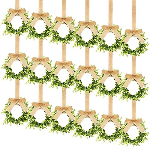 18 Stück Weihnachtskränze für Küchenschrank, dekorativ, künstlicher Buchsbaum-Kranz mit Band, Büffelkarierte Schleife für Türen, Geländer, Fenster, 54 x 21,6 cm (Leinenfarbe)