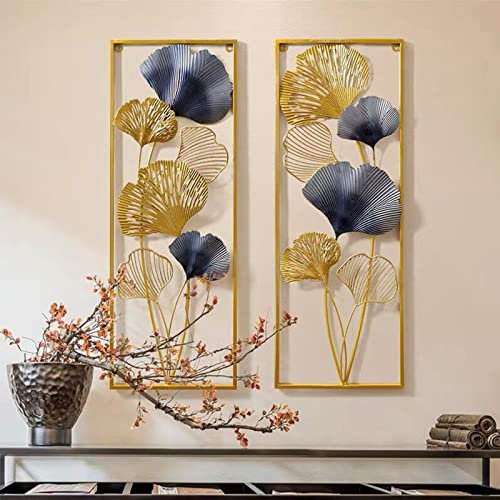 KEESUNG 2PCS Wandbild Metall Ginkgoblätter, 3D Ginkgo Wanddeko Golden Ginkgo Blätter Dekoration Rechteck Wandschmuck Deko Wanddekorationen, 85×31×5cm