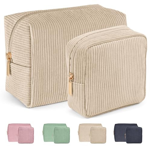 Kleine Kosmetiktasche MAGEFY 2 Pcs Kleine Make up Tasche Kosmetiktaschen für Frauen Cord Schminktasche Reise Kosmetiktaschen mit Metall Reißverschluss Make up Tasche für Handtasche (Beige)