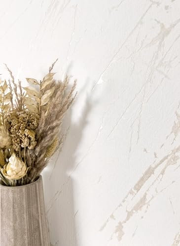 Newroom Tapete Weiß Vliestapete Marmor - Marmoroptik Modern Creme Puder Metallic Marmor-Tapete 3D Optik Luxuriös Edel inkl. Tapezier-Ratgeber