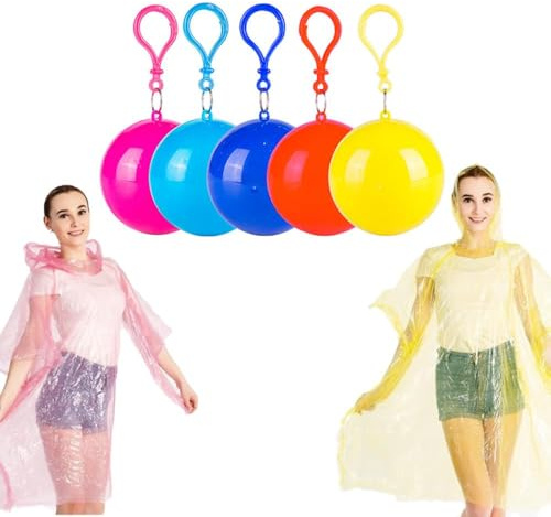 HSAJS 5 Piezas Ponchos de Lluvia Portátiles Bola de Llavero de Plástico con Gancho Poncho de Lluvia Portátil de Emergencia Hombre Mujer para Senderismo Camping Viajes al Aire Libre