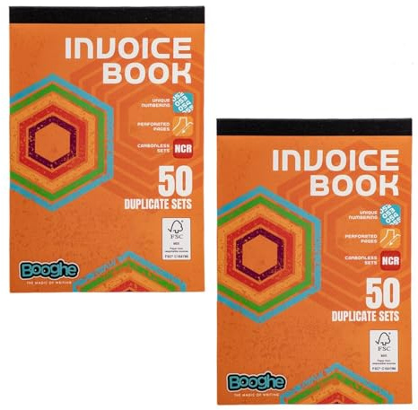 Booghe Invoice Duplicate Book – Carbonless NCR Copies, 50 Sequentially Numbered Sets, 137 x 203mm, Perforated Pages, FSC Paper – Ideal for Business & Sales - Pack of 2