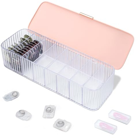 Fatiya Daily Contact Lens Organizer with 2 Remover & 2 Tweezers, Disposable Contact Lens Storage with Lid & 8 Grids, Clear Contact Lens Dispenser Case Box for Desk Home Office Art Supply (Pink)