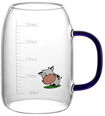 Tazza graduata in vetro borosilicato resistente al freddo e al calore, 250 ml, con manico, adatta al microonde, trasparente, per tè, succhi di frutta, caffè