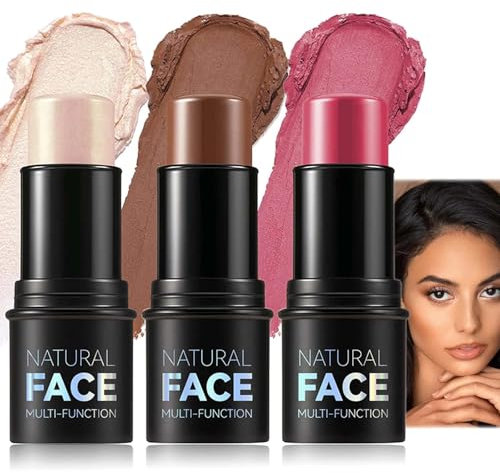 3Pcs Contour Stick Blush & Bronzer Stick - Cream Highlighter for Cheeks Eyes Lips,Blendable Waterproof Long-Lasting Makeup for All Skin Types, Perfect for Effortless Face Makeup
