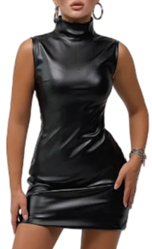 Women's Faux Leather Dress, Mock Neck Sleeveless Bodycon Mini Tank Cocktail Dresses, Back Zipper Solid Night Out Pencil Skirt, Wet Look Slim Fit Hip Hugging Mini Dress for Party Club Rave Performance