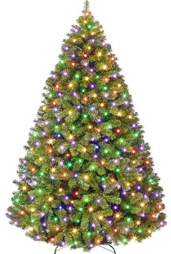 6FT Prelit Fluffy Noble Fir Artificial Christmas Tree with 500 Multicolor Lights& 9 Modes, Hinged Branches& 1400 Tips, Artificial Christmas Tree Includes Stand with Foot Switch for Holiday Home Decor