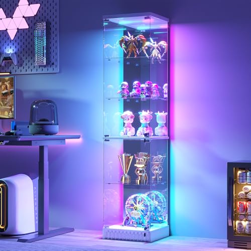 Gurexl 170 CM Vetrina in Vetro con Illuminazione Dinamica e Sensore Del Corpo Umano,Vetrina Moderna con 2 Ante e Serratura,Mobile Portabottiglie a Pavimento Per Soggiorno,Collezione,Bar,Studio,Bianco