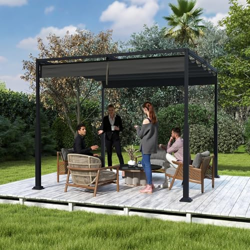 UISEBRT Pérgola metálica impermeable, estable y resistente al invierno, de 3x3 m, con techo de láminas, protección solar, cenador independiente con techo corredizo para jardines y terrazas, color
