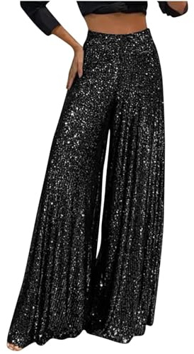 Sequin Pants for Women, Wide Leg Flared Trousers, High Waist Glitter Pants, Casual Marlene Trousers, Pleated Leisure Trouser, Metallic Harem Pant, Glitter Pant, Carnival Costume Black