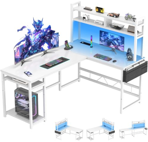 JUMMICO Bureau Gaming d'angle en L avec Rangement, 160x120 cm, Blanc | Bureau Informatique et Étagères, 2 Prises + 2 Ports USB, Cadre en Acier, LED
