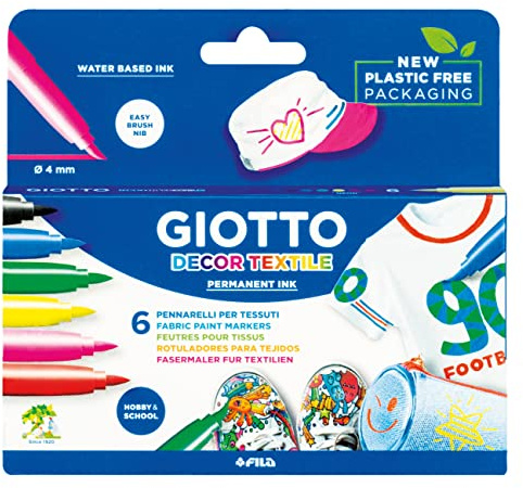 GIOTTO Decor Textile Fabric Pen Markers for Children, Box of 6 Assorted Colours, Clothes/Bags/T-Shirts, Dress Up, For Home and Schools