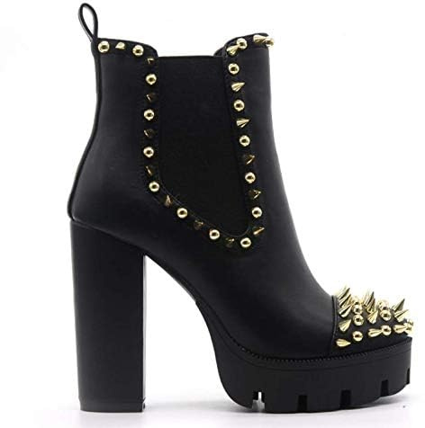 Cape Robbin Jagged Chunky Heel Spike Studded Platform Chelsea Bootie Black (8.5, Black)