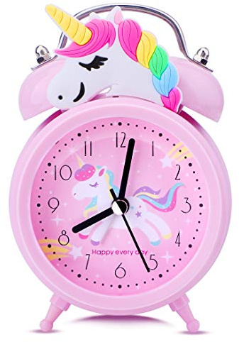 TCJJ Unicorn Alarm Clock for Girls Kids, Cute Bedroom Decoration, Non Ticking Silent Second Hand, w/Backlight Super Loud Twin Bell, for Kids Unicorn Gifts (Pink)