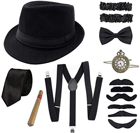 Shalwinn 1920s Uomo Accessori Anni 20s Dress Costume Set, Gatsby Costume Kit,1920s Fancy Dress Set per Costume da Uomo, Regolabili Papillon e Orologio da Taschino Vintage
