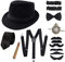 Shalwinn 1920s Jahre Herren Accessoires 20er Gangster Kostüm Mafia Gatsby Kostüm Zubehör Set mit Elastisch Verstellbar Hosenträger schwarz Panama Gangster Hut Taschenuhr